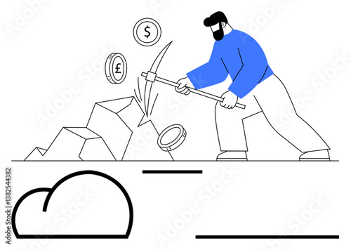 Man using a pickaxe on rocks as coins with currency symbols emerge, symbolizing cryptocurrency mining. Ideal for blockchain, fintech, decentralized economy, digital assets, mining, investment