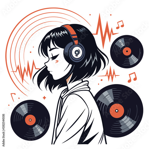Create a bold vector illustration of a cool anime DJ girl with vibrant, dynamic strokes.  She should be stylish and futuristic.