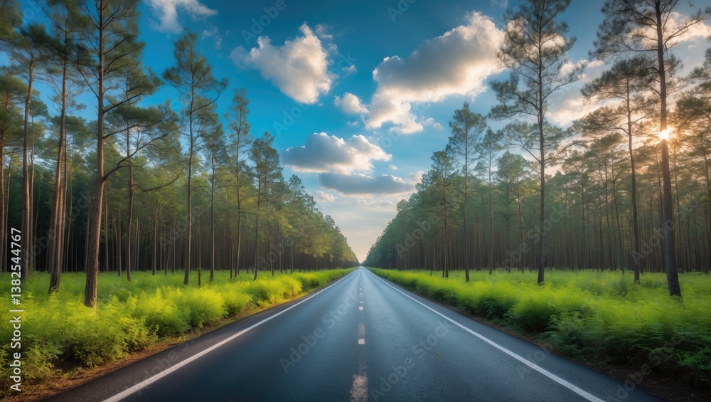 Naklejka premium The asphalt road featuring markings and grassy shoulders runs through a pine forest. Young trees flourish along the edges. A sunny day with a blue sky and clouds.