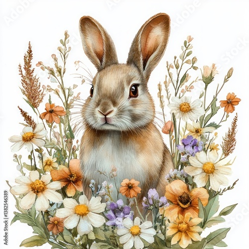 Easter Bunny Illustration Surrounded by Vibrant Spring Flowers Primrose Daffodil Daisy Decor for Holiday Cards and Seasonal Designs