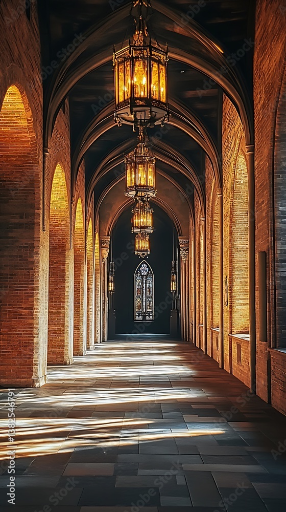 Fototapeta premium Sunlit Collegiate Corridor, Gothic Architecture, Interior