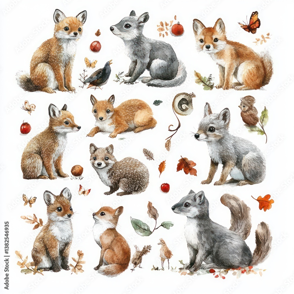 Fototapeta premium Watercolor Forest Animals and Birds Collection Cute Wildlife Poster with Bear Fox Wolf Rabbit Squirrel Deer Owl and Mushrooms