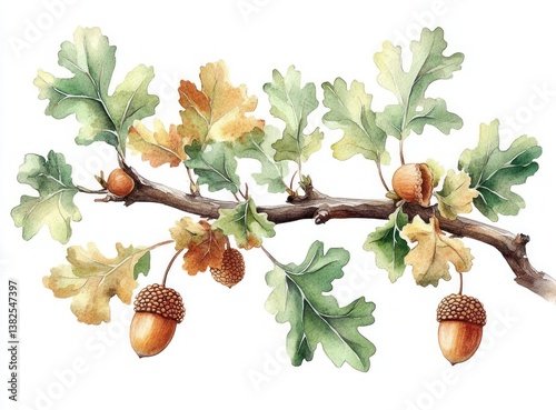 Watercolor Illustration of Oak Branches, Acorns, and Leaves in Botanical Art Style