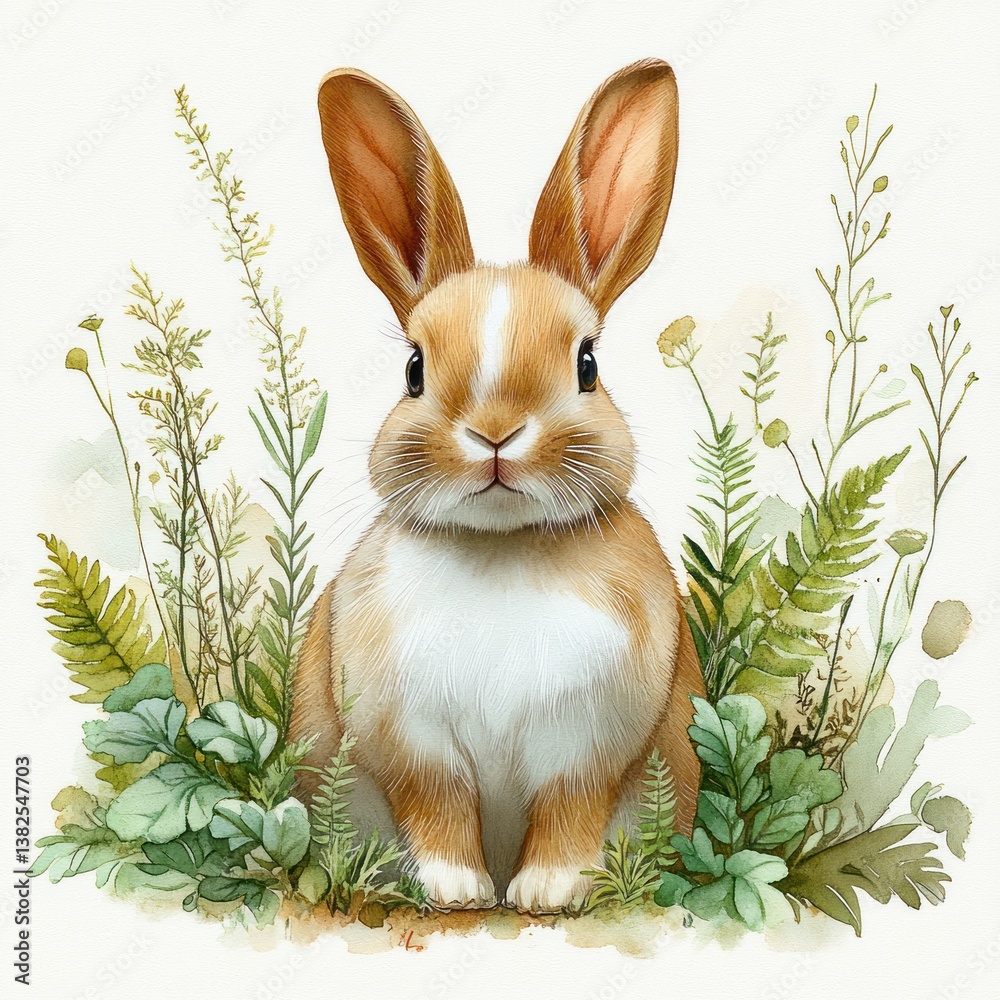 Obraz premium Cute Bunny Watercolor Illustration of a Brown and White Rabbit Sitting in Green Grass Surrounded by Plants and Flowers for Easter and Seasonal Decor