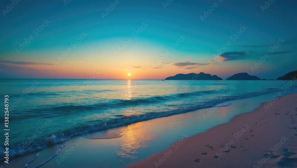 Obraz premium Phuket beach at twilight, featuring a vibrant golden yellow sunset against a clear blue sky, with no people present.