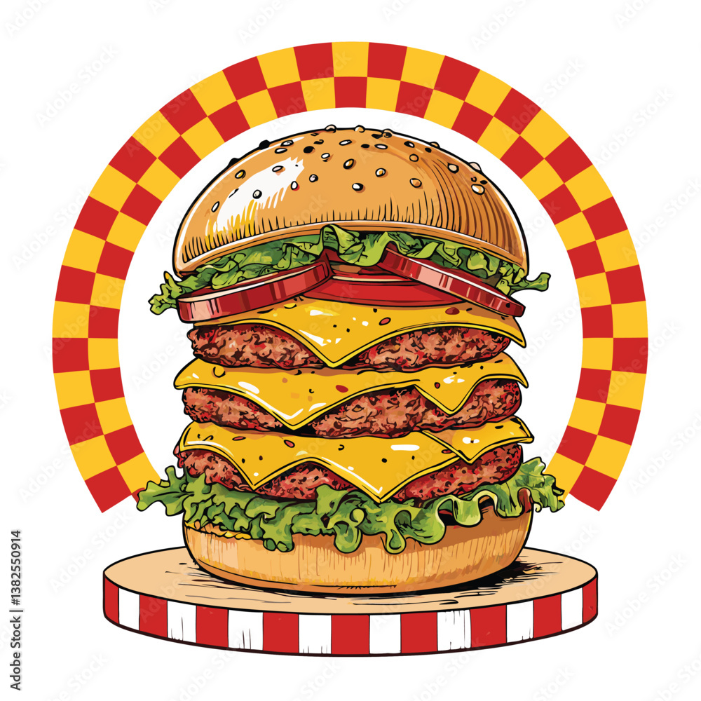Create a vibrant vector illustration of a wildly extravagant burger overflowing with toppings, using bold, dynamic strokes.  Emphasis on visual excitement.