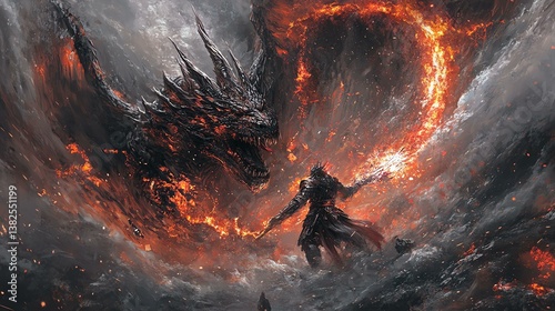 Screen Armor Warrior Illustration Battling Swirling Code Dragon with Errors- screen armor art, code dragon visuals, epic battle illustration