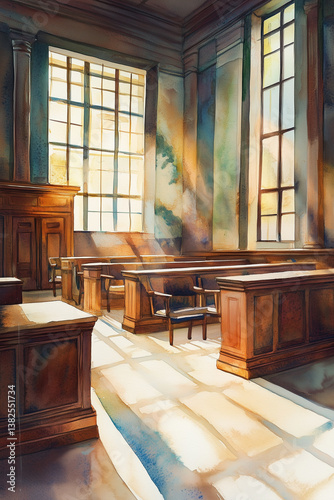 Sunlight fills an empty courtroom with wooden benches and high windows, representing the calm before legal proceedings begin in a justice setting.