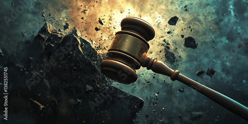 Wooden judge’s gavel smashing through dark debris, symbolizing law enforcement, dramatic decisions, and justice prevailing against chaos.