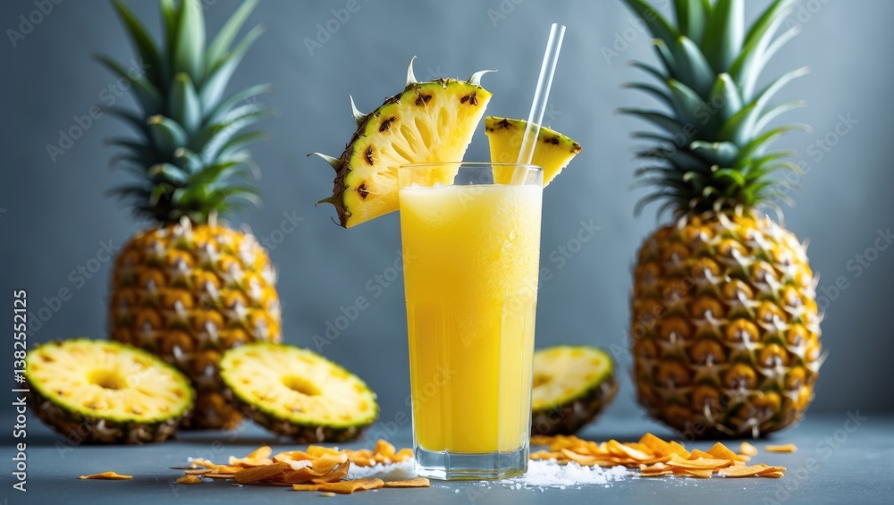Pineapple juice on a gray backdrop, accompanied by a pineapple and nearby pineapple slices. Pineapple juice on a gray backdrop, accompanied by a pineapple and nearby pineapple slices.