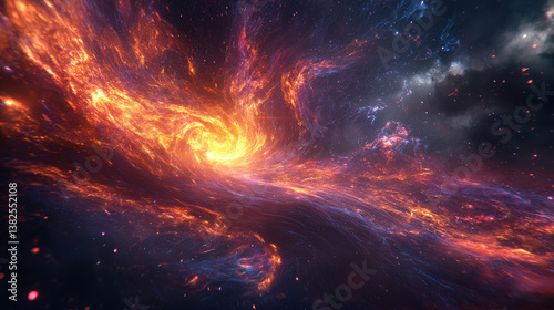 A vibrant cosmic scene depicting swirling galaxies and fiery nebulae in deep space.