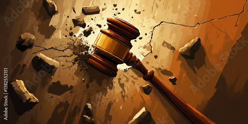 Symbolic illustration of a judge’s gavel shattering a stone wall, representing power, justice, and legal breakthrough.