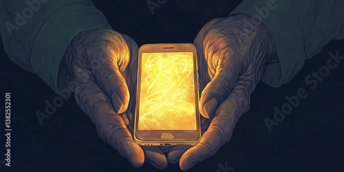 Illustrated wrinkled hands gently hold a brightly glowing smartphone, blending age, wisdom and the surreal power of technology.