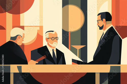 Illustration of a courtroom trial featuring a judge, a lawyer, and a defendant in flat retro-style minimalistic graphic art.