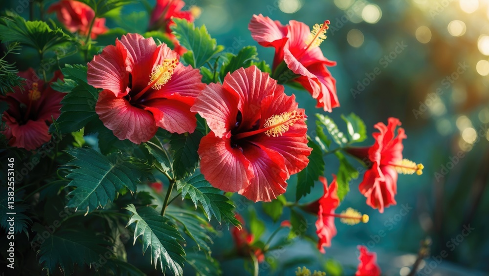 Red Hibiscus blooms in a tropical garden. Floral backdrop. Selective focus.