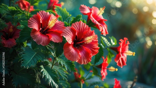 Obraz na płótnie Red Hibiscus blooms in a tropical garden. Floral backdrop. Selective focus. w salonie