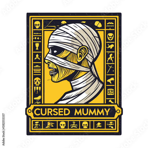 Create a bold, vector illustration of a cursed mummy's head with exaggerated features.  Emphasize strong, dark lines and a distressed texture.
