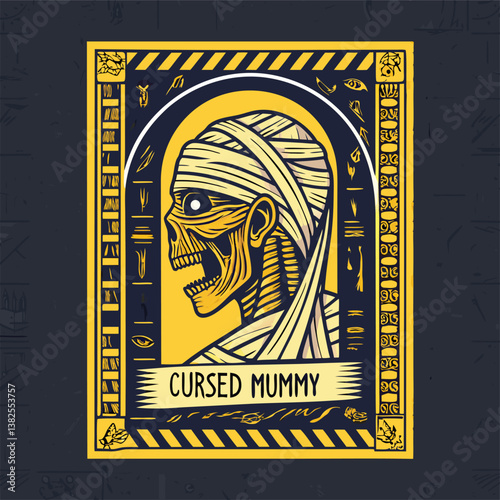 Design a bold, vector illustration of a cursed mummy's head with exaggerated features.  Use strong, contrasting colors and impactful lines.