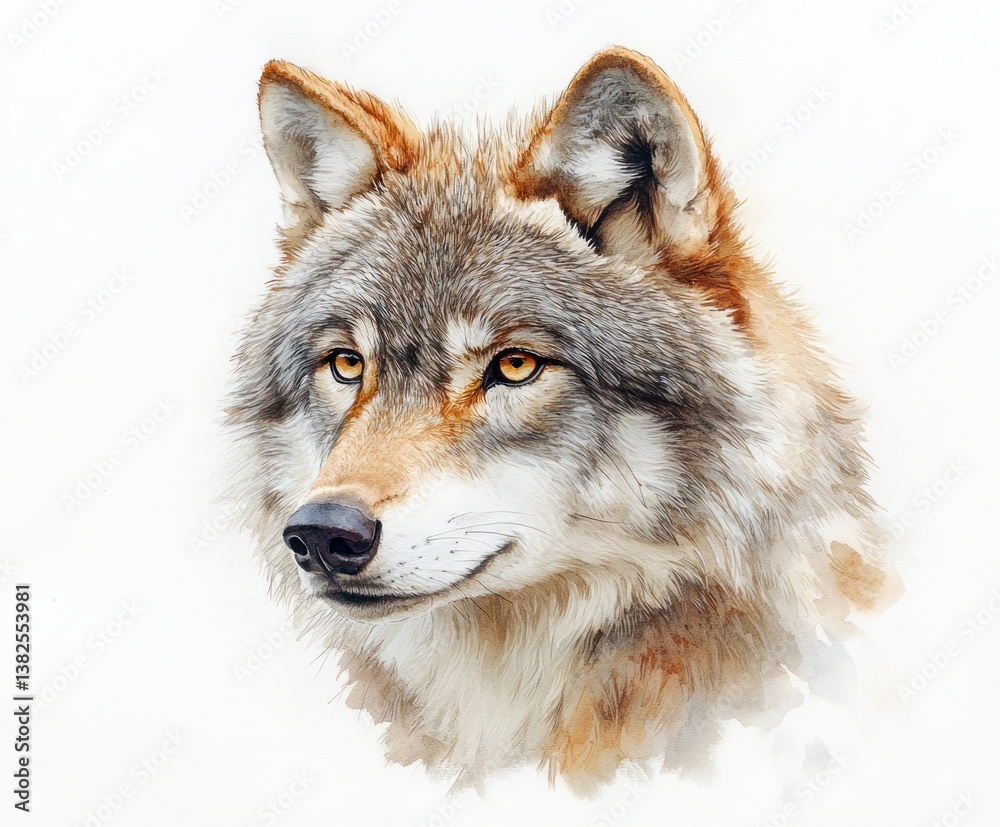 Fototapeta premium Detailed Watercolor Wolf Head Portrait on White Background