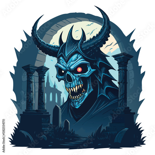 Design a vector illustration of a cursed skull monster with bold, thick black strokes.  Focus on a menacing, detailed skull with exaggerated features.