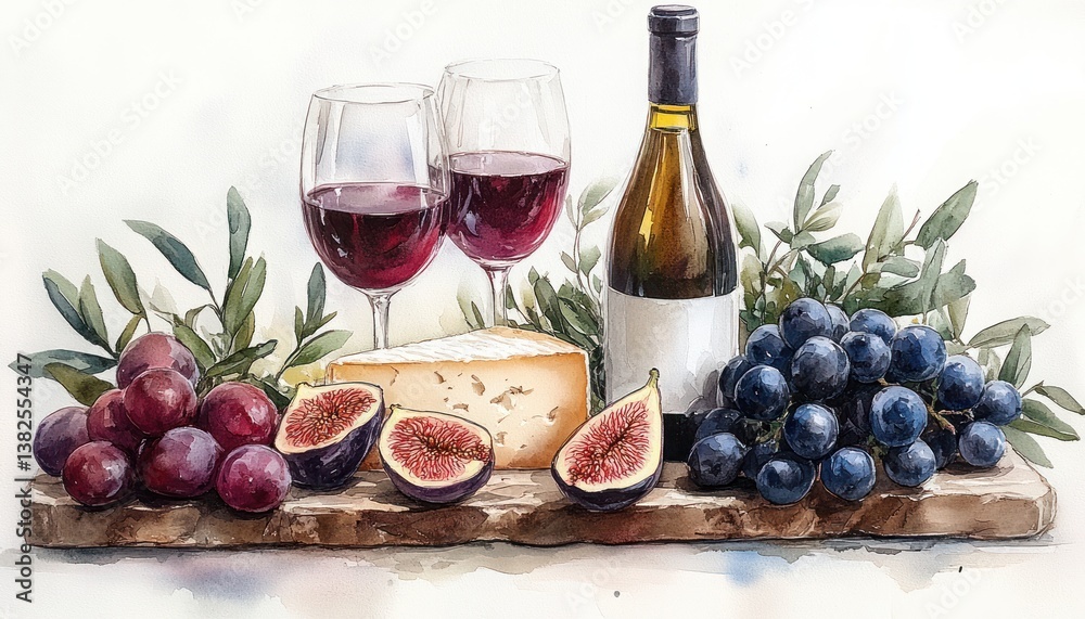 Mediterranean Picnic Wine Cheese Figs Fruits Olive Oil Watercolor Illustration Mediterranean Picnic Wine Cheese Figs Fruits Olive Oil Watercolor Illustration