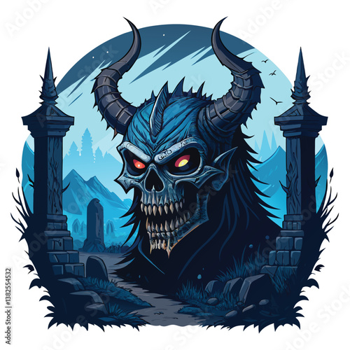 Design a bold, vector illustration of a cursed skull monster with exaggerated features and heavy, impactful lines.  Focus on a menacing, high-contrast aesthetic.