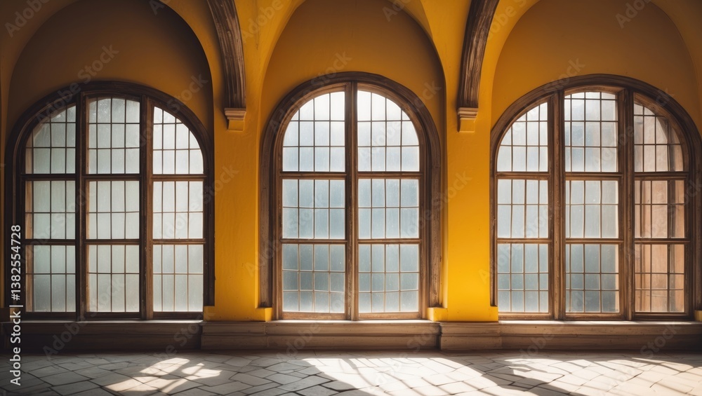 Retro architecture style of the building, close-up of a vintage brown window frame on the exterior wall of the upper floor.