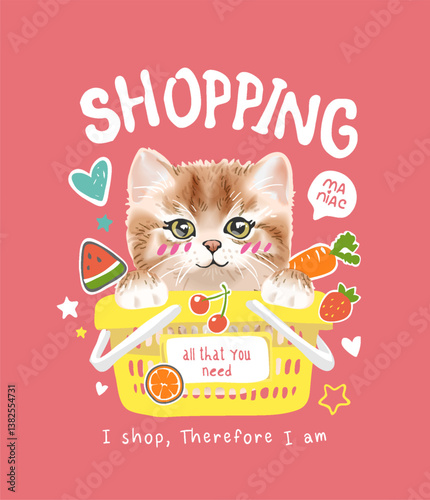 shopping slogan with fluffy kitten in shopping cart vector illustration created by hand drawn