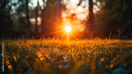 Golden sunlight bursts through the grass at sunset, creating a magical and warm atmosphere in a serene outdoor setting..