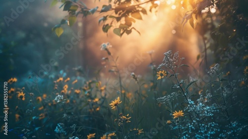 Sunlight filters through trees, illuminating wildflowers in a serene forest setting, with warm, golden hues..
