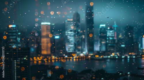 A view of a city at night through a rain-streaked window, with vibrant lights creating a bokeh effect and a blurred skyline..