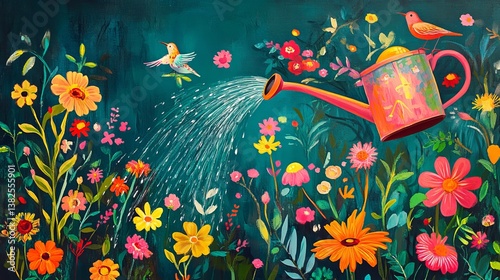 Watering can showers flowers in a vibrant garden with birds