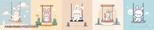 cute rabbit vector playing swing