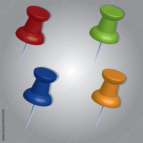 This image showcases four 3D push pins in vibrant colors—red, green, blue, and orange—arranged in a circular pattern on a neutral gray background. Each pin features a sharp metal point designed .
