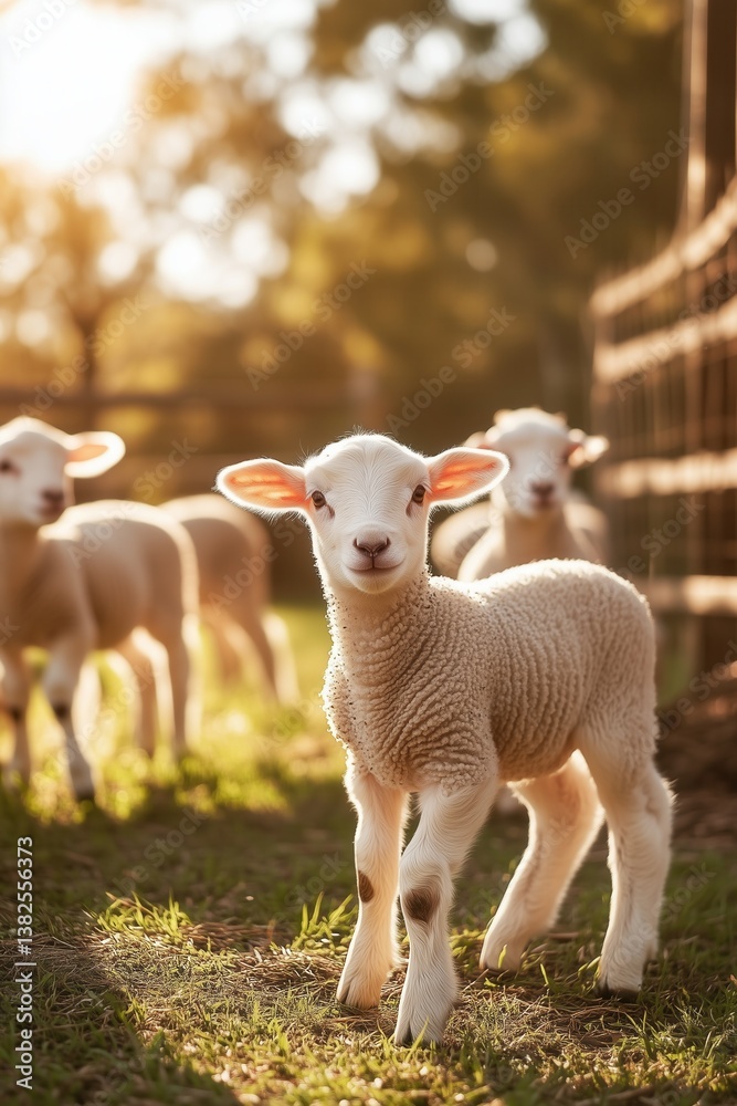 Obraz premium Adorable lambs on the farm on warm and sunny summer day. Countryside rural landscape. Sheep grazing near wooden fence.