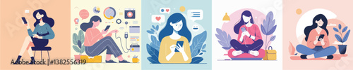 a set of vector women playing with mobile phones