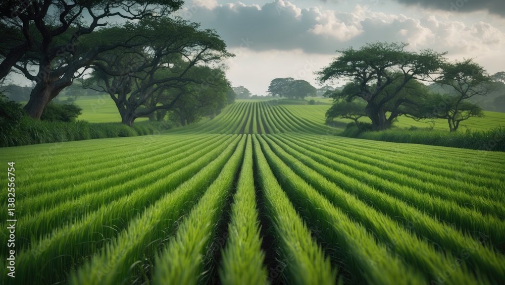 Stunning view of agricultural farm or field at dawn. Turmeric cultivation. Agricultural backdrop of robust and thriving crop.