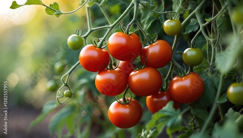 Ripe red tomatoes on a vine flourishing in a vegetable garden.