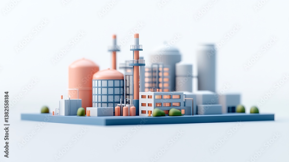 Obraz premium A simplified 3D representation of an industrial facility, featuring tall chimneys, storage tanks, and various interconnected structures in soft colors.