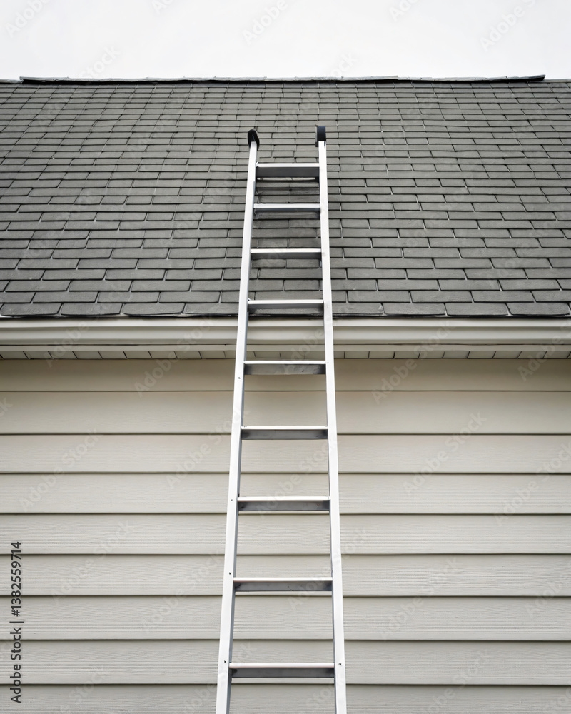 Obraz premium Metal Ladder Against Gray Shingle Roof for Home Maintenance and Repair Services