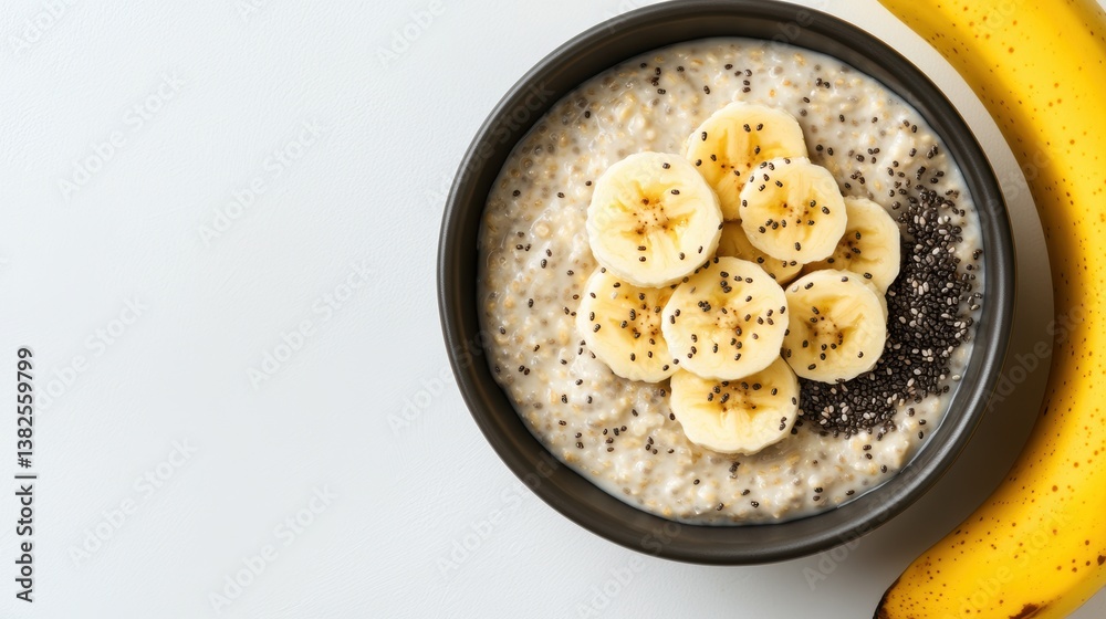 nutritious breakfast ideas, a plate of nutritious oatmeal with bananas and chia seeds on a white table, against a white background nutritious breakfast ideas, a plate of nutritious oatmeal with bananas and chia seeds on a white table, against a white background