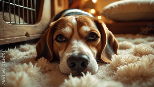 Beagle dog resting gently on a carpeted floor.