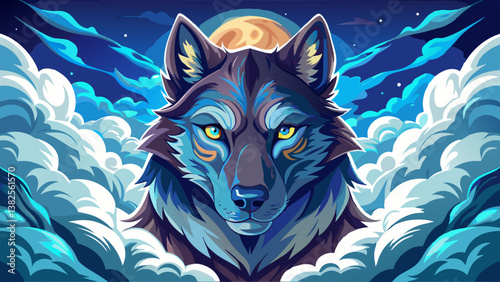 Intense portrait of a majestic wolf-dog hybrid emerging from ethereal white clouds, with piercing eyes and a regal, calm demeanor, staring directly ahead