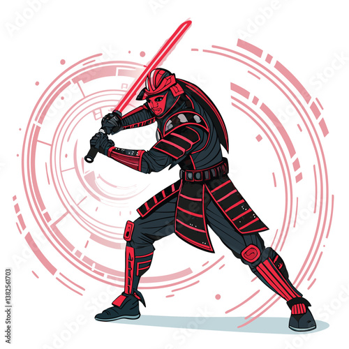 Design a bold vector illustration of a cybernetic samurai warrior, showcasing intricate mechanical details and powerful, dynamic poses.  Focus on strong lines and vibrant color palettes.