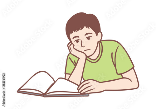 A teenage boy leans on his elbow while reading a book, looking bored. Hand drawn style vector design illustrations.