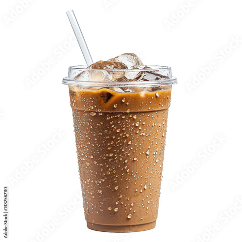 Refreshing iced coffee in plastic cup with clear lid and condensation details on transparent background
