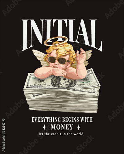 initial slogan with baby angel on money stack vector illustration created by hand drawn