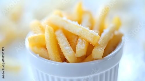 A close up shot of french fries in a small white bowl