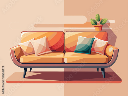 A high-quality vector of a modern sofa in warm beige tones with soft cushions, set against a muted pastel background.