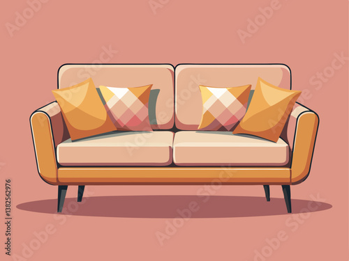 A high-quality vector of a modern sofa in warm beige tones with soft cushions, set against a muted pastel background.